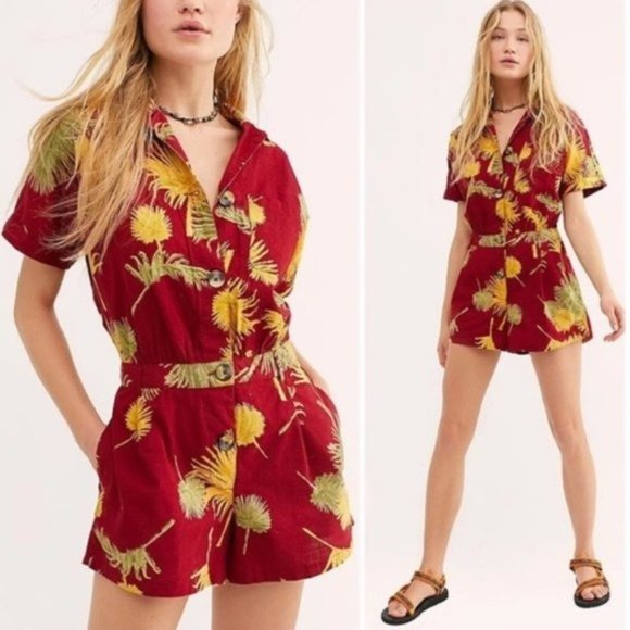 Free People Pants - FREE PEOPLE Red Floral Malibu Shorts Romper Short Sleeve - NWT